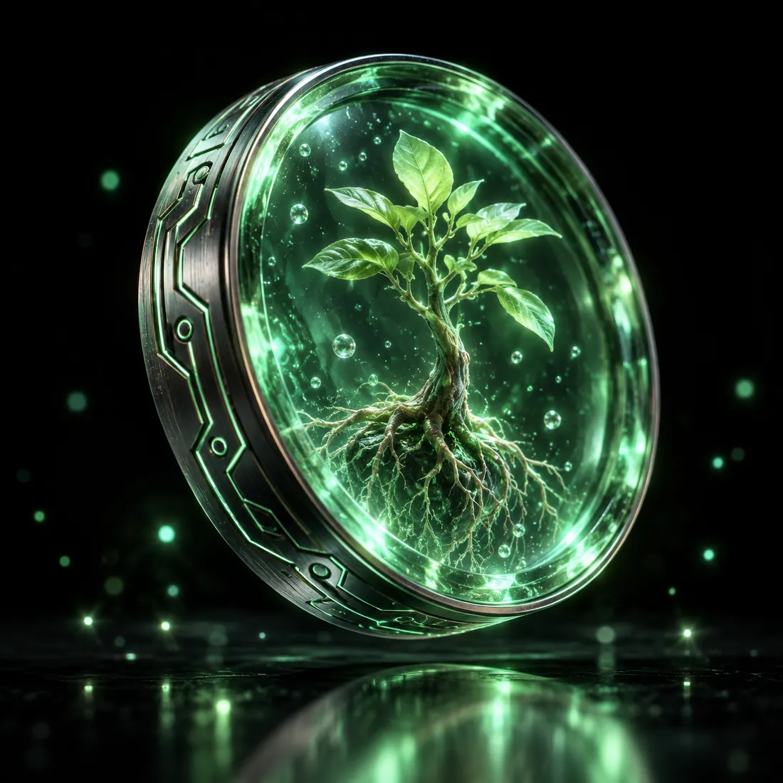 A glass coin with a living sapling inside