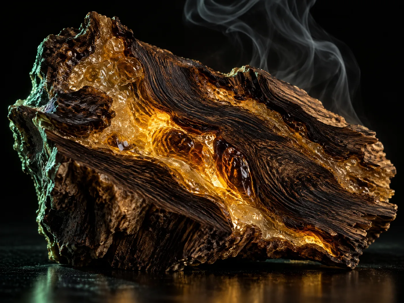 Agarwood heartwood threaded with glowing amber resin