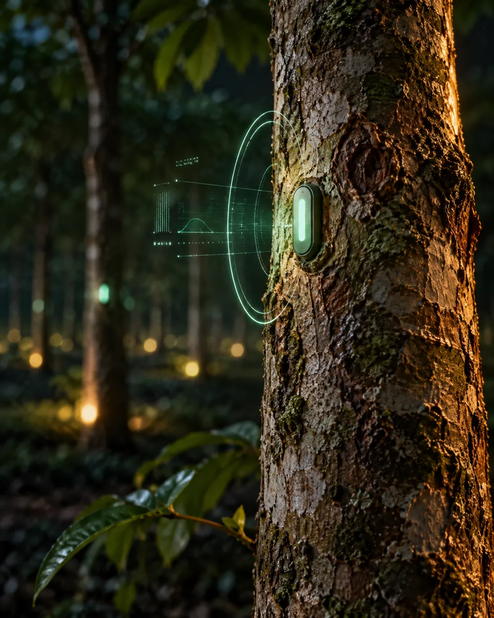 An RFID tag glowing on the bark of an agarwood tree